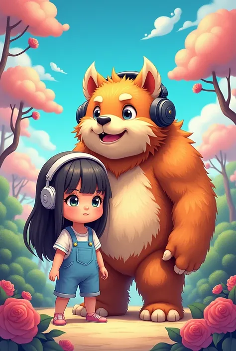 4K image, just a doodle, dodlee monster, one female and one male, kawaii human and monster,  macho kawaii, maximum resolution, bright colors, magical, big eyes, headband headphones , cute furry monster, both standing, doll kawai big eyes, for youtube chann...