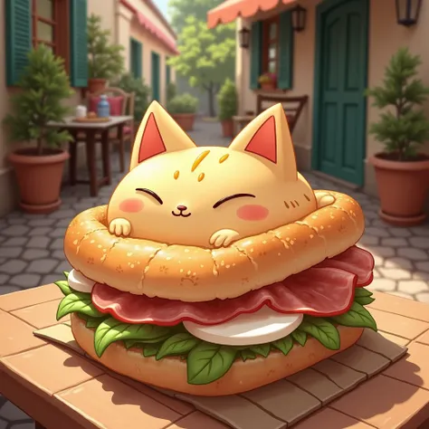 Italian style sandwich on a Kawai cat-shaped baguette, realistic 