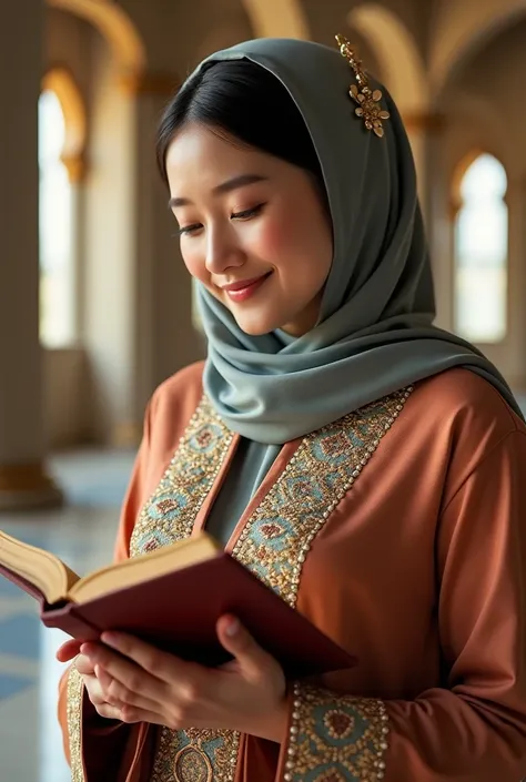 A beautiful Korean hijaber woman with a smooth body, cute, cheerful, lively, chubby, bohay, standing, full body, reading the Koran, wearing a Muslim kebaya, combining kebaya coloring with beautiful embroidery, covered with beautiful embroidery and beautifu...