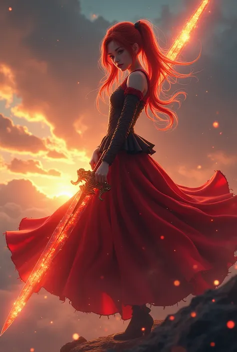 a girl, full body, long red hair, red pigtails, red eyes, glasses, wearing a red and black long dress, carrying a big fiery sword, standing above the clouds, detailed facial features, (best quality,4k,8k,highres,masterpiece:1.2),ultra-detailed,(realistic,p...