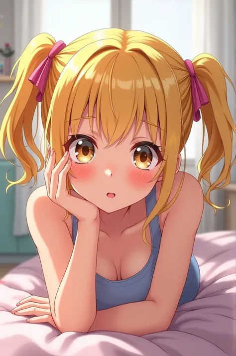 Cute blond anime girl with tongue sticking out pinning you to the bed