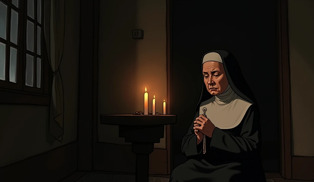 In Night Prayer in the Chapel: "Irmã Agnes Katsuko Sasagawa, elderly asian woman, is kneeling alone in a small candlelit chapel. Dressed in her black and white nun&#39;s habit, his hands tightly hold the rosary while his eyes are closed in deep meditation....