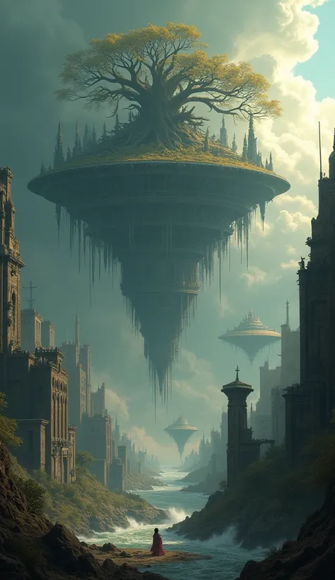 (Christian Lassen style)、A huge ancient floating city、With its elaborate stone buildings and metal airships,、The collapse amid swirling dark clouds and debris。
A large tree grows in the center of the floating city.。Sunlight shining through the clouds、Illum...