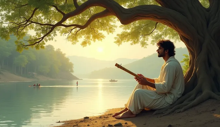 A young Indian man sits beneath the sprawling branches of a large banyan tree on the edge of a riverbank. He wears a simple, slightly wrinkled white kurta and dhoti, his bare feet touching the cool earth. In his hands, he holds a wooden flute, its surface ...