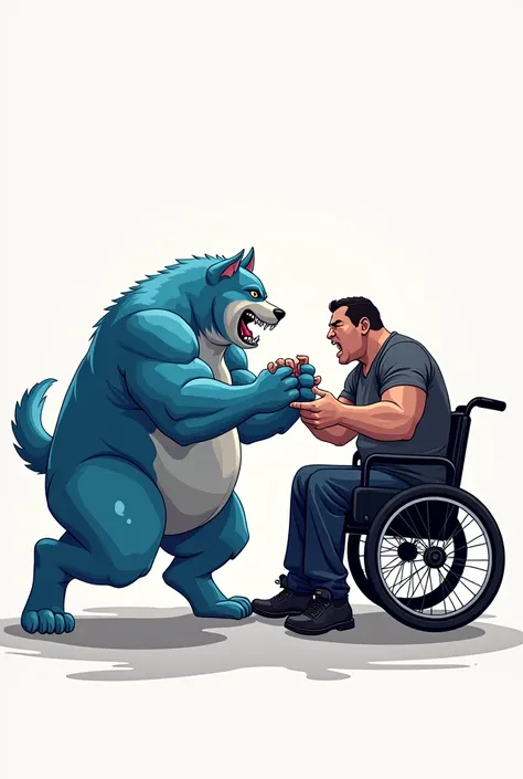 A vectorized logo of a fat blue dog fighting with a very obese 8 man in a wheelchair,  an aggressive fight 