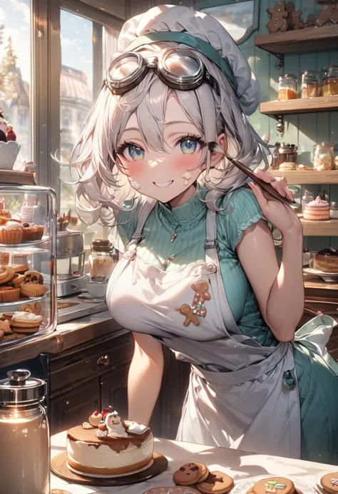 masterpiece, very detailed, 1 girl, white hair, pastel shades, cozy atmosphere, dessert display, cookies, cupCakes, Pies, Cakes, coffee machine, daylight, glass jars with candies, frosted window panes, decorative plates, Fancy décor, Sugar sculptures, cute...