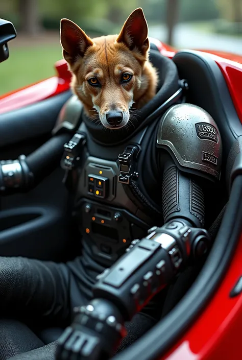 A political dog with laser weapons dressed in a black and silver suit on a Ferrari 