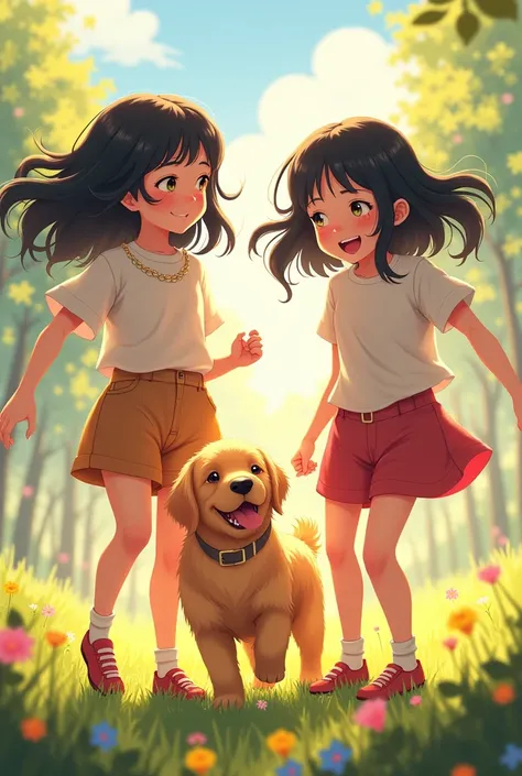 A lively 2 girl with loose black hair with a small yellow golden retriever dog 