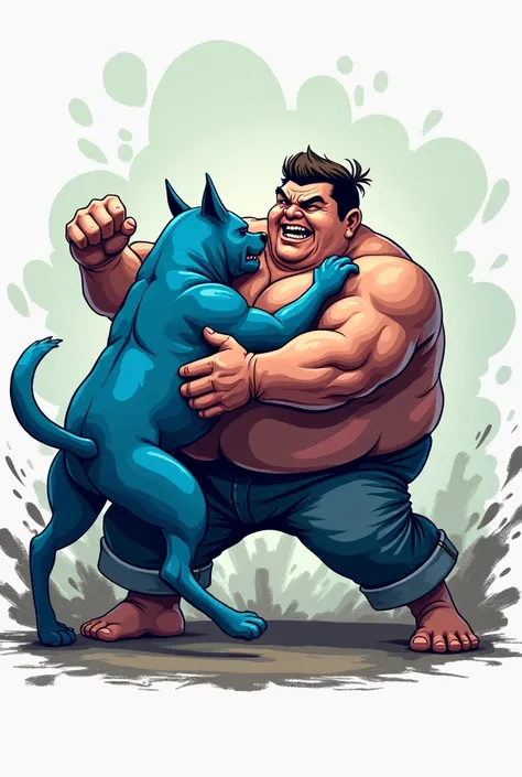 A vectorized logo of a fat blue dog fighting with a very fat 8 man weighing 300 kilos ,  an aggressive fight, with bad smell 