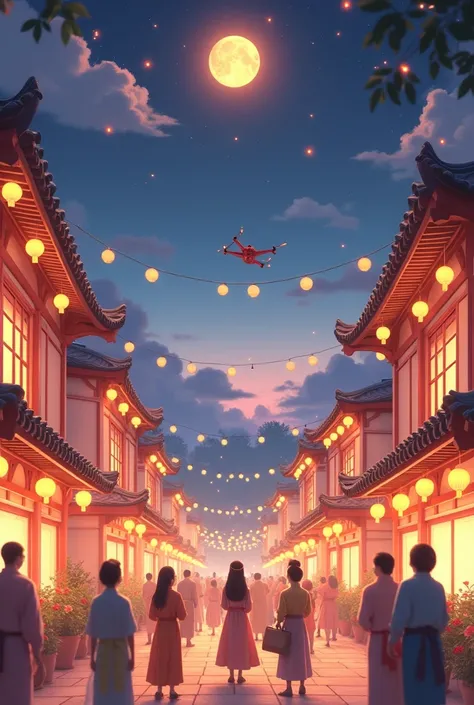 Mid-Autumn Festival、Moon、themoon、Sun Star、Mooncake stalls、Concert、band、fire works、UAVs、environment friendly、tradit、celebrating、enviroment、The villagers、Plaza、Bamboo lanterns、the night、celebrating、Artistically、device、decor、castoff、save、resource，high definit...