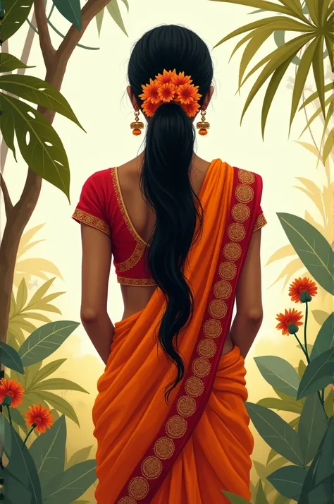 Illustration of south indian girl wearing saree and gajra with back pose