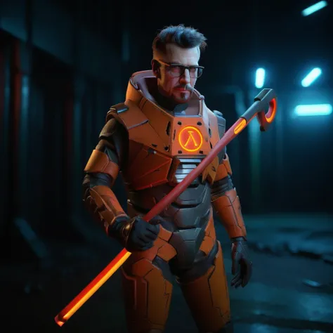 neon noir  a man with glasses in a orange and black space suit, holds a red (((crowbar))), dystopian background . cyberpunk, dar...