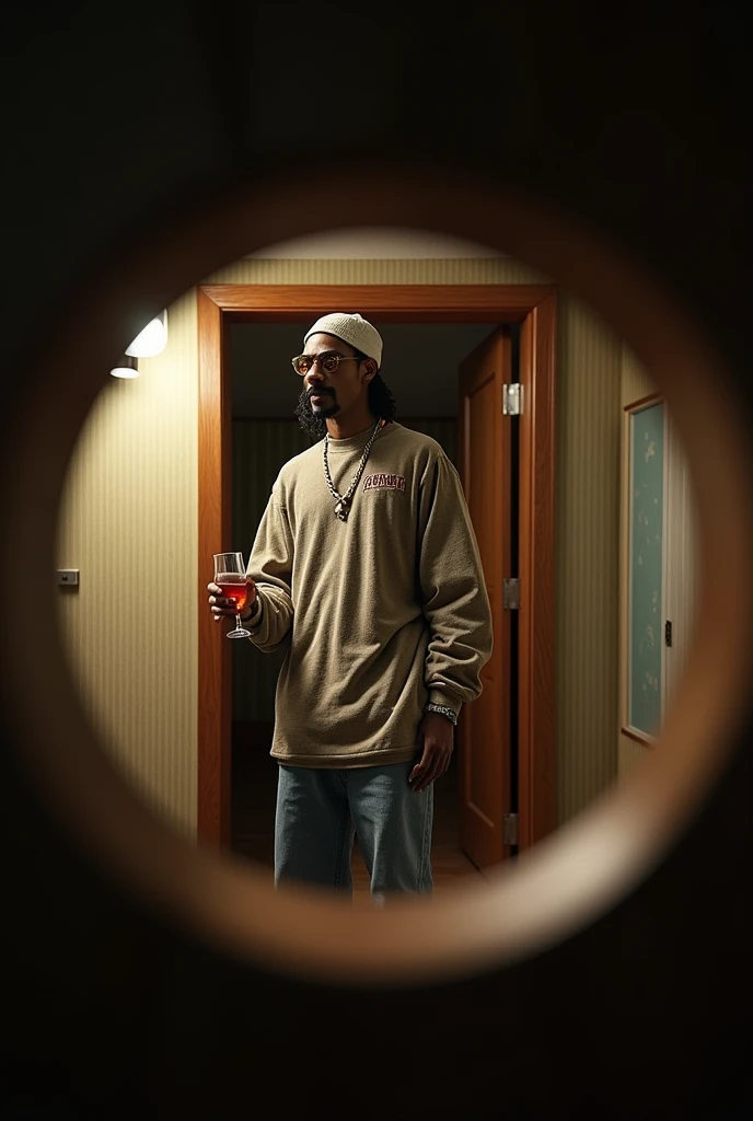 You can make a realistic image of Snoop Dogg with a Fernet in his hand in front of a door and the image is seen in wide angle, looking at snoop fog from the door peephole
