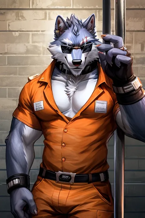 detailed, detailed eyes, detailed face, detailed hands, adult male, solo, freddy wolf, prison, prisoner, prison orange uniform, flirting at viewer, looking at viewer, smirk, flirtatious, seductive, three-quarter portrait, sexy pose, sunglasses