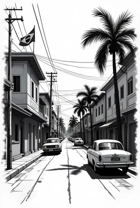 A black and white tattoo design of a street in perspective with buildings, cars from the 2000s, easy to draw trees and a brazilian flag on top of a building 