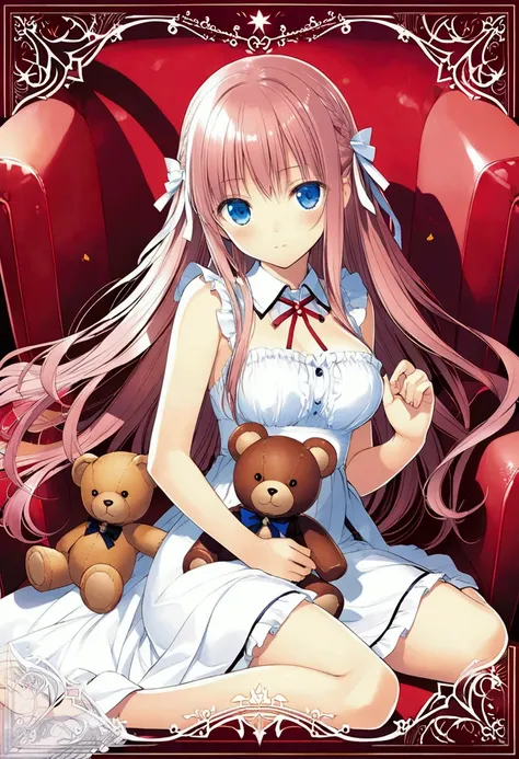 a woman laying on top of a pink chair next to a teddy bear, japanese light novel cover, light novel cover art, full art illustration, full art, epic light novel cover art, visual novel cg, epic light novel art cover, character album cover, official charact...