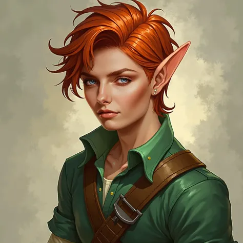 ((melhor resolução, alta definição, foto de cinema, retrato de aventureiro, retrato profissional, poster de personagem de RPG, como heróis de Dungeon and Dragons)), there is a man with red hair and a green shirt, a portrait of a male half elf, portrait of ...