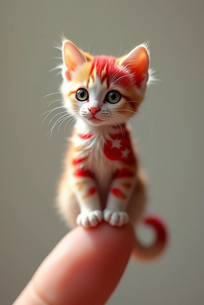 a tiny small cat sitting on a finger and take  on a all body turkeyia flag , colorful fur, extremely detailed face and eyes, cute expression, intricate details, vibrant colors, soft lighting, warm tones, photorealistic, 8k, high resolution, masterpiece, be...