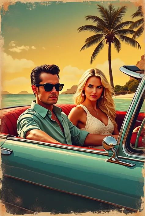 high quality、Retro poster style、Man with slicked back hair、sunglasses、Convertible、drive、Blonde woman
