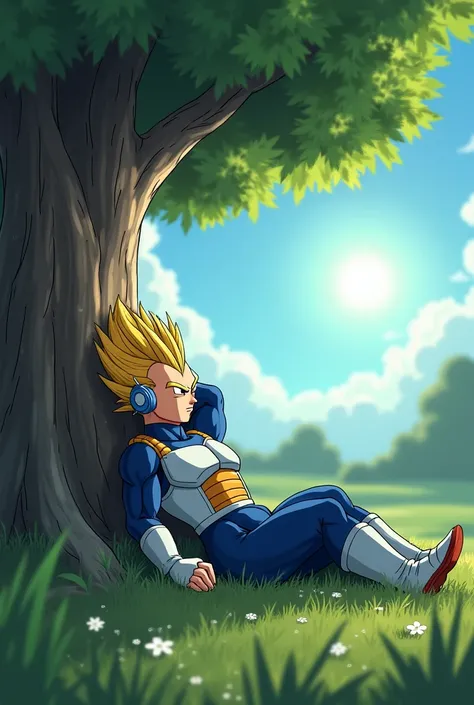 Vegeta with headphones sleeping and his two arms behind his head lying under a tree with a sun next to him