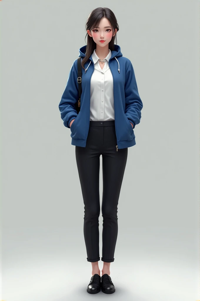 A female staff, Wearing white clothes, wearing black pants and a blue hood. Wearing black shoes. The woman is wearing a shoulder strap accessory..