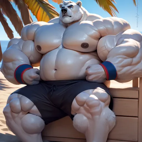 huge bulked up muscular polar bear in Californian beach, big grunting noise, big bulked up flexing body, polar bear, huge white fur, thick arm, huge arm, added gray mustache, added gray beard, short white hair, weight: 440lbs, (veiny bulked up muscular, pe...