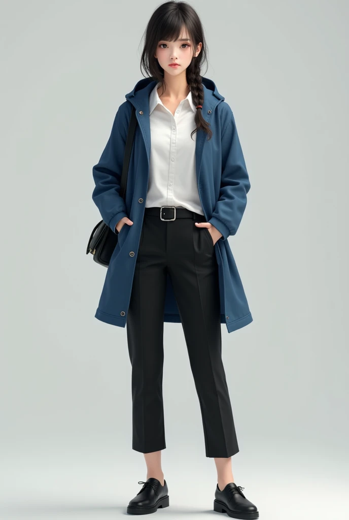 A female staff, Wearing white clothes, wearing black pants and a blue hood. Wearing black shoes. The woman is wearing a shoulder strap accessory..