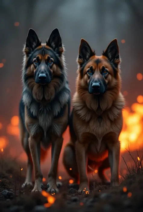 An adult Belgian Shepherd, medium hair, standard colors half gray and caramel, the Belgian shepherd is serious and/or angry and he is inside a burning paw, The photo is a bit dark and next to the Belgian shepherd there is a hairy German shepherd, adult and...