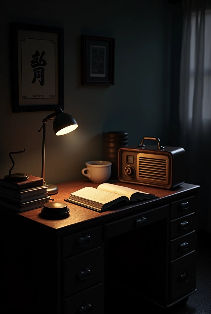 Old desk，An open book on the desk，There is a radio on the desk.，Stand lamp on the desk，The time is late at night，It&#39;s dark in the room