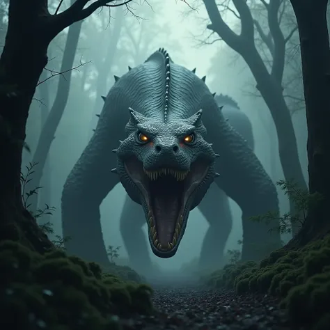 "Front-facing shot of a massive, ferocious serpent advancing through a dark, mist-laden forest, its enormous mouth wide open, revealing sharp fangs dripping with venom. The serpents scales shimmer in the dim light, and its piercing eyes glow with predatory...