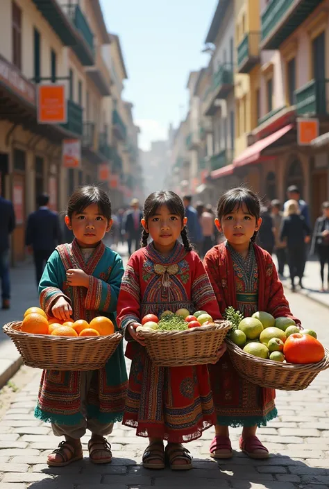 Andean children street vendor in a city