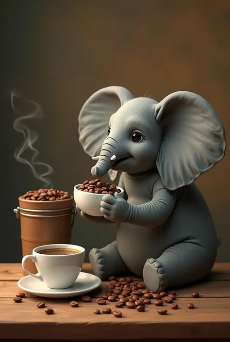 Coffee beans in a container on a wooden table, On the left side a cup of coffee and on the right side an elephant sitting drinking a cup of coffee 