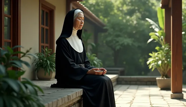 Irmã Agnes Katsuko Sasagawa, elderly woman with realistic Asian features, sitting on a stone bench in the convent cloister. Around her, the green of the plants and the simple architecture create a peaceful atmosphere. Dressed in her black and white nun&#39...