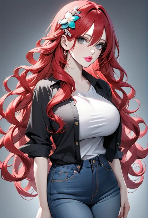 Woman, with very long curly red hair, with gray eyes, she is wearing a shirt and jeans, wears hair decoration, has big boobs, she has pretty pink lips, with pale skin, jewelry 