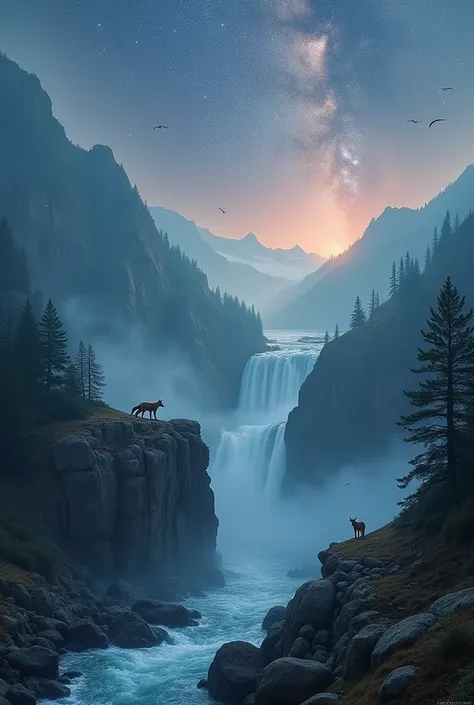 Great Valley,Huge waterfall,Rocky area,Black kite,Fox parent and child,Milky Way,Mountain hut,Strong depth of field,Diamond dust flutters,Strong Fog,Strong Glow,masterpiece,