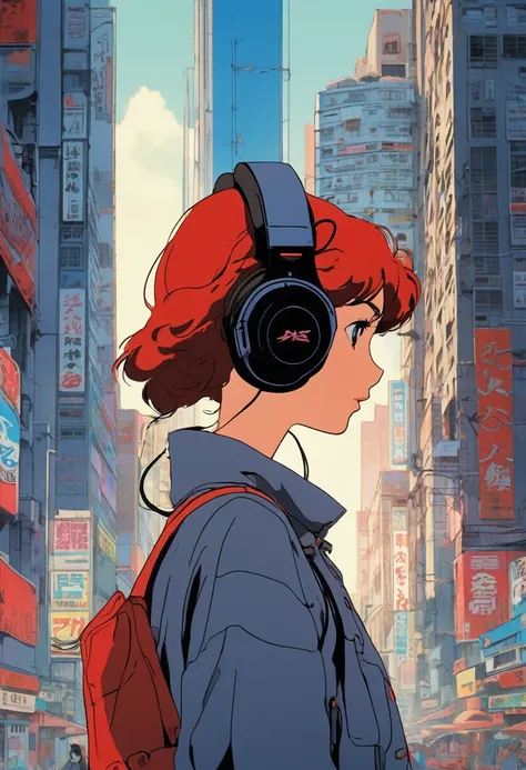 anime girl with headphones standing in front of a building, satoshi kon artstyle, 9 0 s anime aesthetic, lofi girl, from akira ( 1 9 8 8 ) style, 8 0 s anime vibe, lofi artstyle, style of satoshi kon, akira vibes, style of akira motion movie, akira anime c...