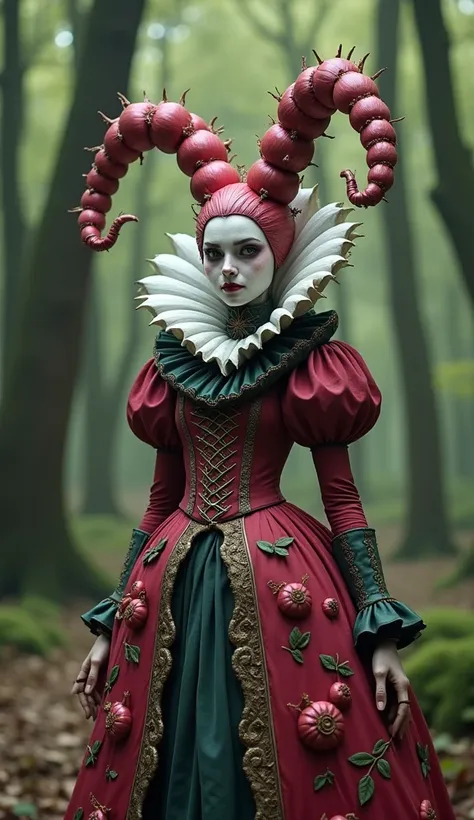 a beautiful humanoid character made of onion, the Queen of Hearts from the wonderland, wearing a highly detailed and intricate costume, full body shot, in a surreal and mysterious forest, (best quality, 4k, 8k, highres, masterpiece:1.2),ultra-detailed,(rea...