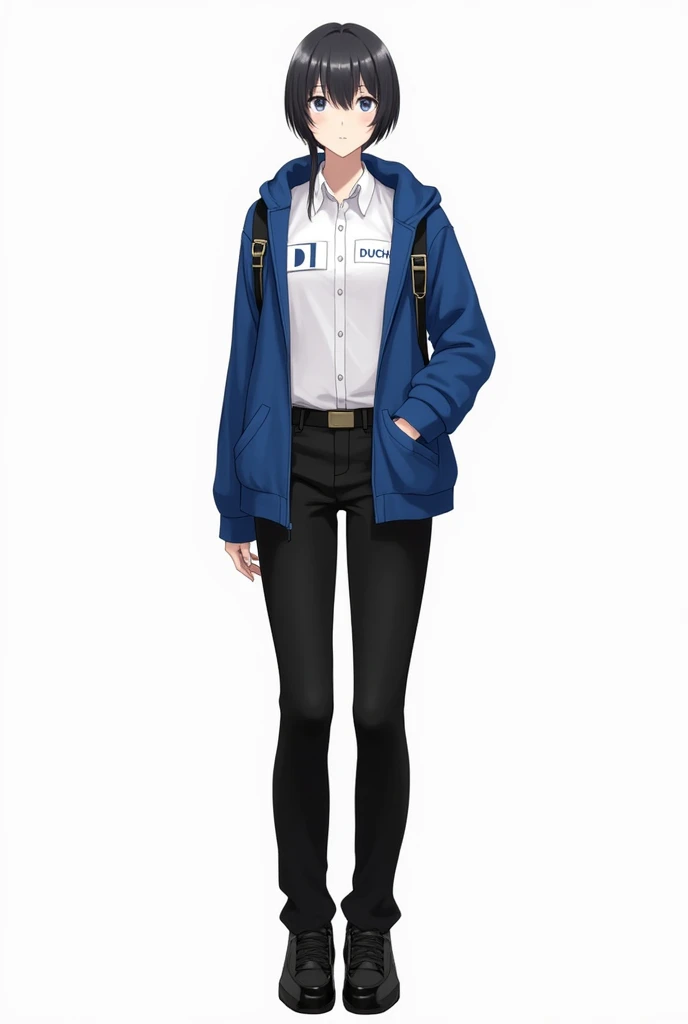 A female staff, Wearing white clothes, wearing black pants and a blue hood. Wearing black shoes. The woman is wearing a shoulder strap accessory.. on the shirt there is the word duch