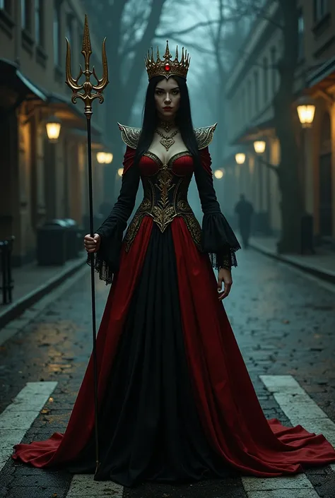 Wait a minute, woman, white, straight black hair, red and black antique queen dress with long flared skirt, mysterious look,  shiny golden crown with red stone on its head, she is in the darkness of the night on a street that is crossed, with a golden trid...