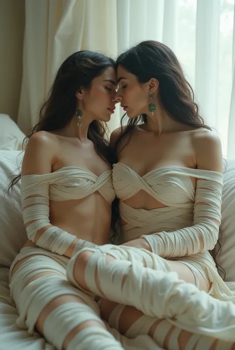 Image of two princesses,  women sensualizing, ima lying on the other&#39;s lap,  covered with mummy bandages, full body,