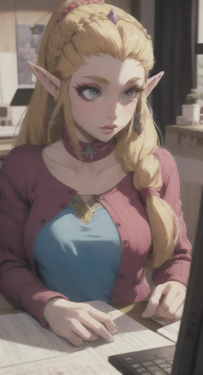 Modern Hylian, blonde, gamer girl, princess Zelda, desk, looking at computer screen, long messy hair, modern Hyrule, Hyrule castle, her bedroom, Livestream, 