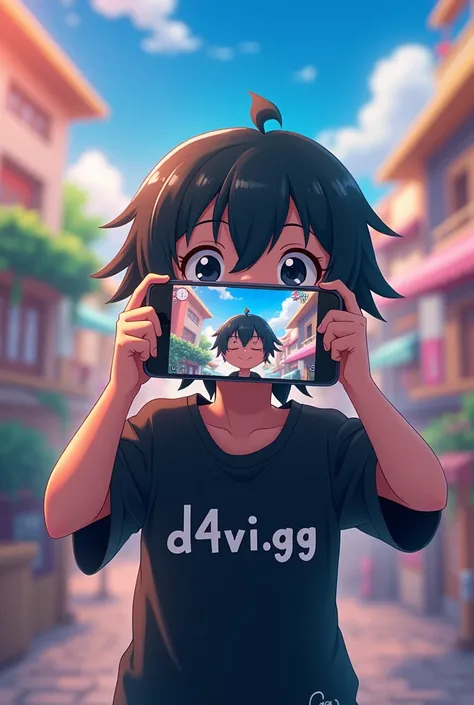 An  child with a black shirt and the name d4vi gg written on it and recording an anime version video 