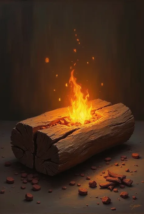 Wood with glowing embers inside, symbolizing the fire now contained within. The wood should look warm and inviting, with a gentle, soft light
oil painting