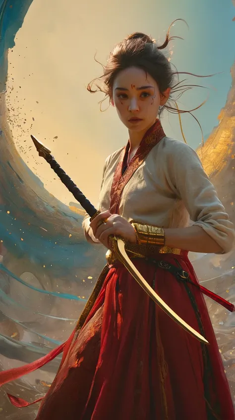 ultra high resolution,(((masterpiece))),(((best quality))),((super detailed)),((extremely delicate and beautiful)),cinematic light,detailed environment,(real),(1girl, solo, male focus:1.3),(holding sword:1.2),(dark red and light gold:1.3),(hair pulled back...