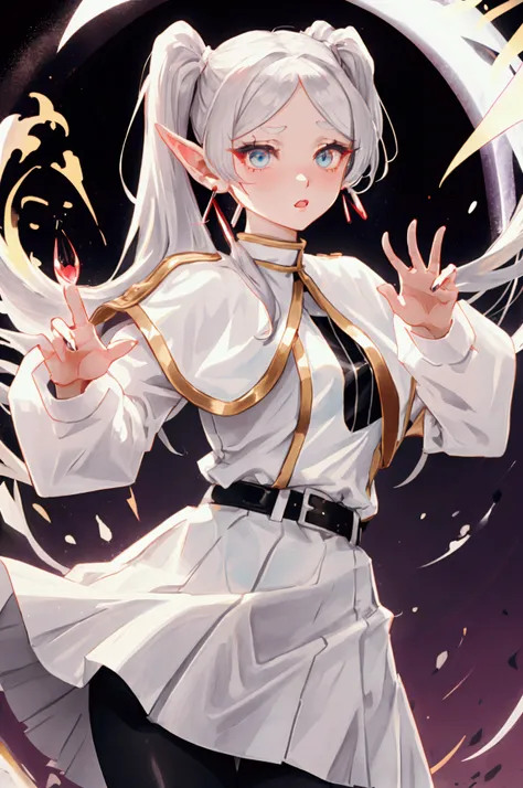 EN, TWINTAILS, EARRINGS, FrierenBase, twintails, earrings, white capelet, striped shirt, white skirt, long sleeves, belt, black pantyhose Depict Frieren in a unique and expressive pose as she performs a spell. You can experiment with hand gestures, body po...