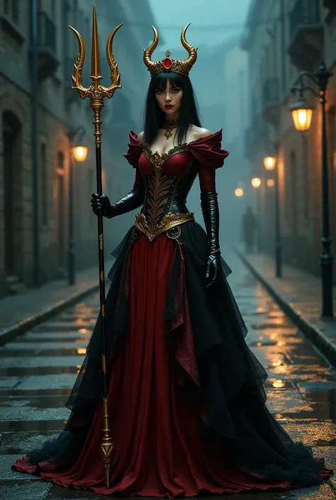 Wait a minute, woman, white, straight black hair, red and black antique queen dress with long flared skirt, mysterious look,  shiny golden crown with red stone on its head, she is in the darkness of the night on a street that is crossed, with a golden trid...