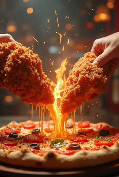 The most delicious fried chicken in the world in a fight with a pizza