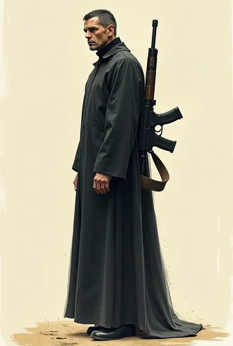 a priest standing with a gun on his back. Make it look like a sketch that doesnt look like ai generated and dont put rosary, just a black robe and a gun on his back and facing in front