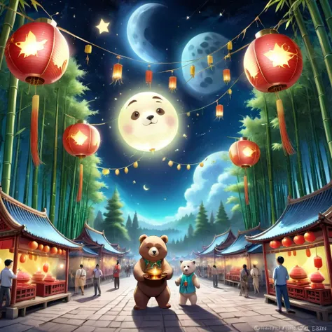 Mid-Autumn Festival、Moon、themoon、Sun Star、Mooncake stalls、Concert、band、fire works、UAVs、environment friendly、tradit、celebrating、enviroment、Plaza、The bear walks towards the moon、forest、critters、Bamboo lanterns、the night、celebrating、Artistically、device、decor、...