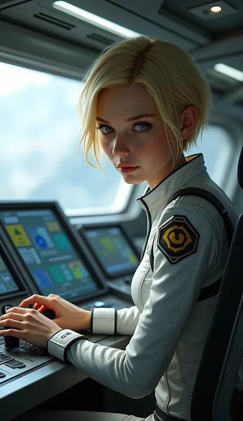 Lara, 28, has short blonde hair and piercing green eyes. She is the ships pilot, seated in her chair at the navigation panel, her hands ready on the controls. Her expression is one of absolute concentration as she adjusts the flight parameters to ensure a ...